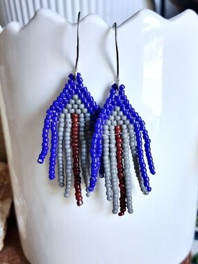 Handmade Blue, Gray & Brown Beaded Fringe Earrings 2"